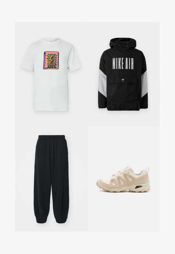 Juodas vėjaraščių striukė su kapišonu, ant kurio užrašyta "NIKE AIR" didelėmis baltomis raidėmis. Pilki akcentai ant pečių ir priekinė kišenė. Modernus dizainas.; Balta medvilninė marškinėliai su kvadratinėmis, spalvingomis grafikomis ir varlės dizainu, ant geometrinio fono su akcentuotais kraštais.; Juodi, su elastiniu juosmeniu sportiniai kelnės su laisvu siluetu, suapvalintais kulkšnimis, lygia tekstūra ir be matomų raštų ar metalinių akcentų.; Bežinės ir kreminės spalvos sportinės bateliai su tekstūruoto tinklelio viršutine dalimi, palaikančiomis detalėmis ir guminiais padais, turinčiais raštą, užtikrinantį sukibimą.