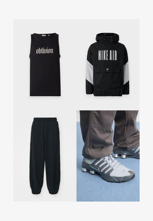 Crna jakna s kapuljačom, s natpisom "NIKE AIR" velikim bijelim slovima. Sivi akcenti na ramenima i prednji džep. Elegantni dizajn.; Crna majica bez rukava izrađena od pamuka, s podebljanim bijelim gotičkim natpisom "oblivion" u središtu prednje strane. Glatka tekstura.; Crne, dukserice s elastičnim strukom, širokog kroja, s manžetama na gležnjevima, glatke teksture i bez vidljivih uzoraka ili metalnih detalja.; Sive i srebrne Nike Shox tenisice imaju elegantan dizajn, s mrežastim i sintetičkim materijalima, zaobljenim vrhom i podstavljenim okovratnikom.