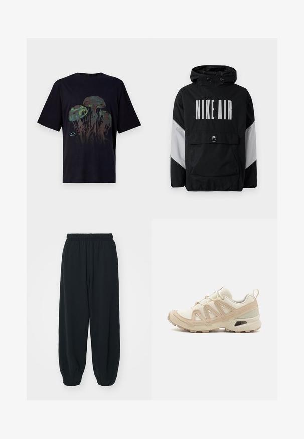 Černá větrovka s kapucí, na které je velký nápis "NIKE AIR" bílou barvou. Šedé akcenty na ramenech a přední kapsa. Elegantní design.; Černé tričko s krátkým rukávem, které má grafický potisk medúz v odstínech modré a hnědé. Měkká látka s uvolněným střihem.; Černé teplákové kalhoty s elastickým pasem, volným střihem, manžetami na kotnících, hladkým povrchem a bez viditelných vzorů či kovových detailů.; Béžová a krémová sportovní obuv s texturovaným síťovaným svrškem, podpůrnými překryvy a gumovou podrážkou s dezénem pro lepší přilnavost.
