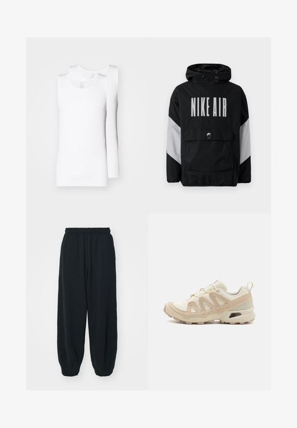 Must värvusega tuulejope kapuutsiga, millel on suurtes valgetes tähtedes "NIKE AIR". Hallid aktsendid õlgadel ja eesmine taskupõhi. Suletud disain.; Kaks valget puuvillast särke on välj display'd. Neil on ümmargune kaelus, ilma varrukateta disain, siledat tekstuuri ja nahkade lõike.; Mustade elastse vöökoha ja laia lõikega dressipüksid, mansetiga sääred, sile tekstuur ning ilma nähtavate mustrite või detailideta.; Beež ja koobalti spordijalats tekstureeritud võrkkattega, toetavad ülemised kihid ja kummist tallaga, millel on mustriga joonistus haardeks.