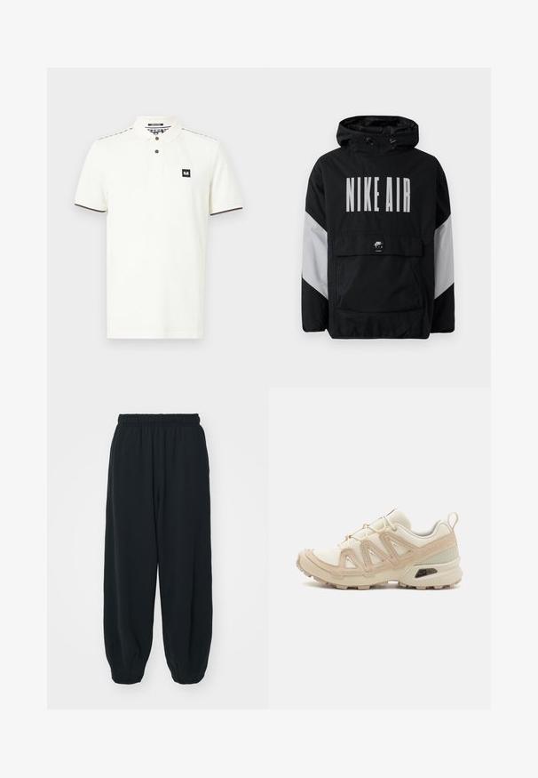 Cazadora negra con capucha, que presenta "NIKE AIR" en grandes letras blancas. Acentos grises en los hombros y un bolsillo frontal tipo pouch. Diseño elegante.; Camisa polo blanca de algodón, con cuello, dos botones marrones y un parche de logo negro en el pecho. Detalles en marrón.; Pantalones de chándal negros con cintura elástica, de corte holgado, con puños en los tobillos, textura suave y sin patrones visibles ni acentos metálicos.; Zapatilla deportiva beige y crema con parte superior de malla texturizada, superposiciones de soporte y suela de goma con un patrón de tracción.