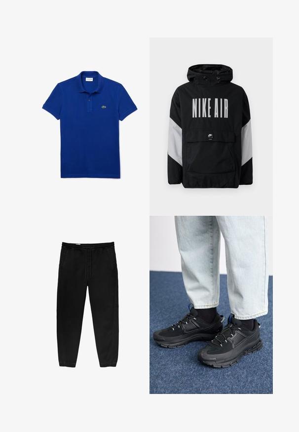 Črna vetrovka z kapuco, z velikim belim napisom "NIKE AIR". Sivi detajli na rami in sprednja žepa. Eleganten dizajn.; Modra bombažna polo majica s klasičnim ovratnikom, kratkimi rokavi in zelenim izvezenim logotipom Lacoste na levem prsnem delu. Preprost dizajn.; Črne hlače z elastičnim pasom in vrvico, ožji nogi, stranskimi žepi in subtilnimi detajli šivanja na straneh. Mehka bombažna tekstura tkanine.; Črne športne čevlje z teksturirano tkanino in gumijastimi podplati, ki imajo elastične vezalke ter modre poudarke na peti. Nosi se z lahkimi denim hlačami.