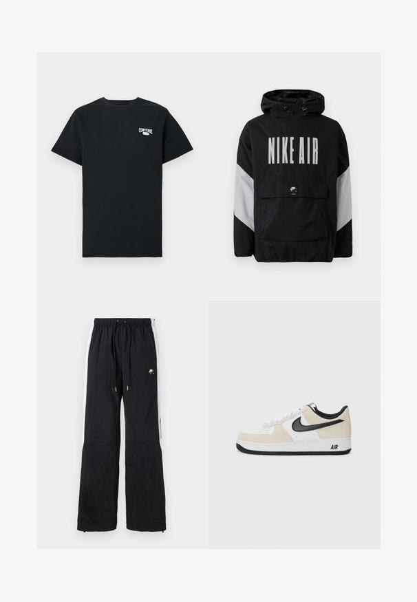 Juodas vėjaraščių striukė su kapišonu, ant kurio užrašyta "NIKE AIR" didelėmis baltomis raidėmis. Pilki akcentai ant pečių ir priekinė kišenė. Modernus dizainas.; Juodas medvilnės marškinėliai trumpomis rankovėmis, su balta "Converse" logotipu kairėje krūtinės pusėje. Klasikinis apvalaus kaklo dizainas.; Juodi sportiniai kelnės su elastine juosta, baltomis šoninėmis juostelėmis, užtrauktukais ant apačios ir guminėmis logotipo detalėmis priekyje.; Batai sportui su šviesiai rudos suku ir baltos odos viršutinė dalimi, juodom Nike swoosh detalėm, juodais akcentais ir balta gumine padanga su "AIR" ženklu.