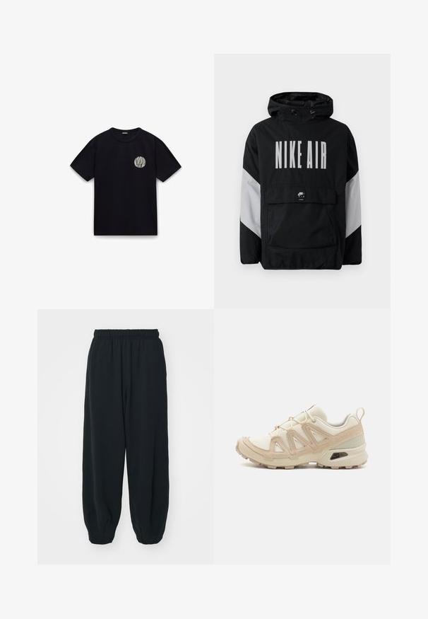 Juodas vėjaraščių striukė su kapišonu, ant kurio užrašyta "NIKE AIR" didelėmis baltomis raidėmis. Pilki akcentai ant pečių ir priekinė kišenė. Modernus dizainas.; Juoda medvilninė marškinė su trumpomis rankovėmis, apvaliu kaklu ir baltu apskritimu logotipu kairėje krūtinės pusėje. Lygus paviršius, pas Casual dizainas.; Juodi, su elastiniu juosmeniu sportiniai kelnės su laisvu siluetu, suapvalintais kulkšnimis, lygia tekstūra ir be matomų raštų ar metalinių akcentų.; Bežinės ir kreminės spalvos sportinės bateliai su tekstūruoto tinklelio viršutine dalimi, palaikančiomis detalėmis ir guminiais padais, turinčiais raštą, užtikrinantį sukibimą.