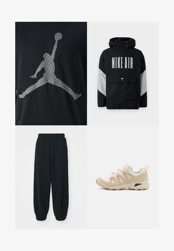 Melnā vēja necaurlaidīgā jaka ar kapuci, uz kuras ir liels balts uzraksts "NIKE AIR". Pelēki akcenti uz pleciem un priekšējā kabata. Moderns dizains.; Melnā T-kreklā ir liela pelēka silueta ar lecošu figūru, kas tur basketbola bumbu, ar teksturētu rakstu visā dizainā.; Melnas sporta bikses ar elastīgu jostasvietu, brīvu piegriezumu, aprocēm ap potītēm, gludu tekstūru, un bez redzamām rakstu vai aparatūras akcentiem.; Beige un krēma sporta apavi ar strukturētu tīkla virsmu, atbalstošajiem slāņiem un gumijas zoli ar protektoru rakstu, kas nodrošina saķeri.