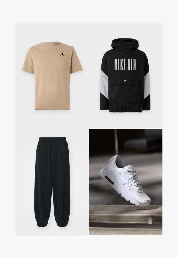 Fekete szélálló dzseki kapucnival, nagyméretű fehér "NIKE AIR" felirattal. Szürke díszítéssel a vállakon és egy elülső zsebbel. Elegáns kialakítás.; Bézs pamut póló rövid ujjakkal, bal mellrészen fekete Jumpman logóval. Egyszerű, kerek nyakú és egyenes szegélyű.; Fekete, rugalmas derékpántos melegítőnadrág, laza fit, véget érő szárakkal, sima textúrával, látható minták vagy hardver díszek nélkül.; Fehér Nike Air Max 90 sneaker, amely hálós és bőr felsőrésszel, perforált orr-résszel és látható légpárnás egységgel rendelkezik a saroknál.