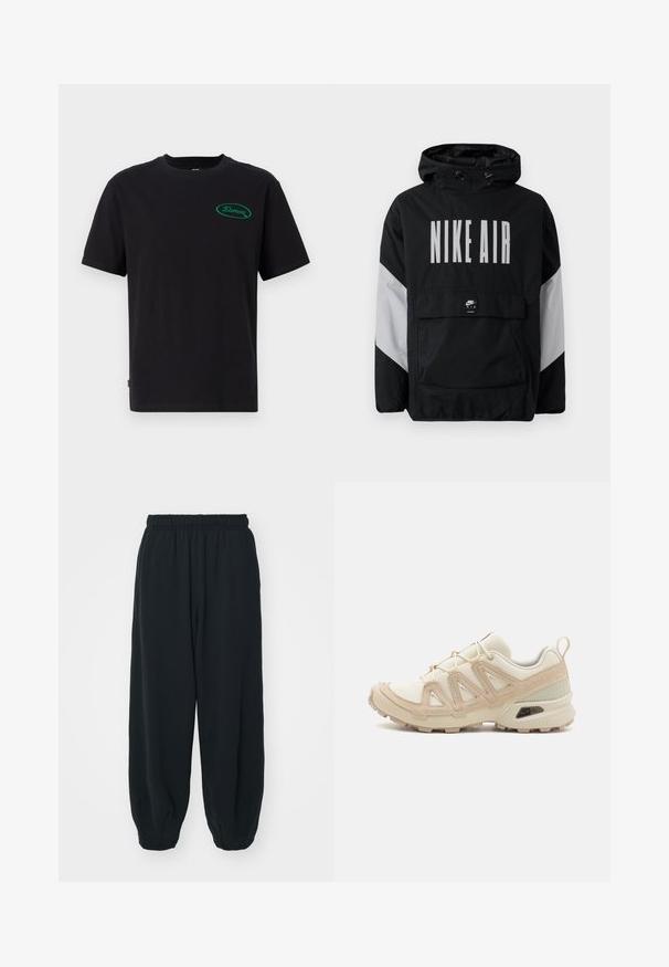 Čierna vetrovka s kapucňou, s veľkým bielym nápisom "NIKE AIR". Šedé akcenty na pleciach a predná vrecko na zips. Elegantný dizajn.; Čierne bavlnené tričko s krátkymi rukávmi, klasický okrúhly výstrih, s názvom v zelenom ovále na ľavej strane hrudníka. Jednoduchý dizajn.; Čierne tepláky s elastickým pásom, vo voľnom strihu, s manžetami na členkoch, hladkej textúry a bez viditeľných vzorov alebo kovových doplnkov.; Beige a krémová športová obuv s textúrovaným sieťovým zvrškom, podporujúcimi prekrytiami a gumovou podrážkou s dezénom pre trakciu.
