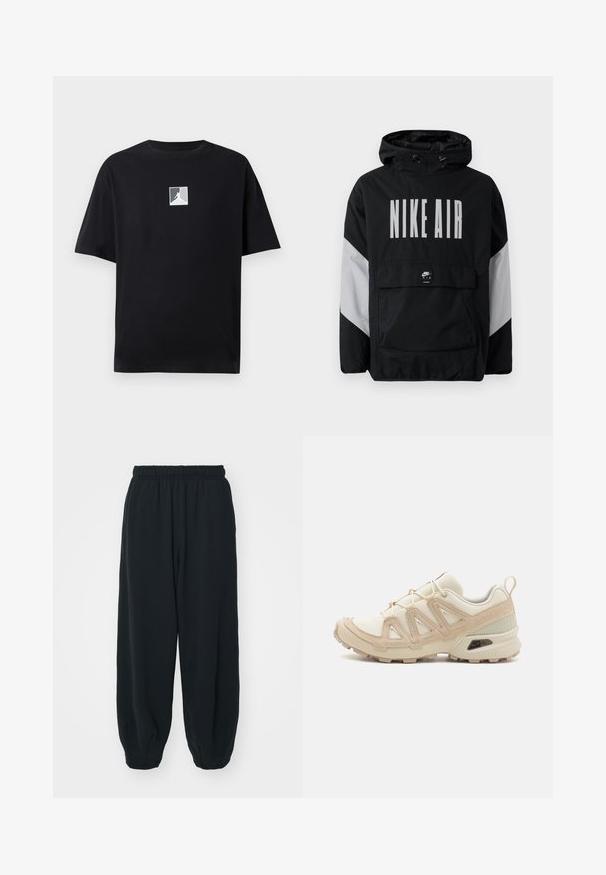 Juodas vėjaraščių striukė su kapišonu, ant kurio užrašyta "NIKE AIR" didelėmis baltomis raidėmis. Pilki akcentai ant pečių ir priekinė kišenė. Modernus dizainas.; Juodas medvilnės marškinėliai su apvaliu iškirpimu, kuriuose yra baltas kvadratinis logotipas su siluetu centre. Trumpomis rankovėmis, laisvas fasonas.; Juodi, su elastiniu juosmeniu sportiniai kelnės su laisvu siluetu, suapvalintais kulkšnimis, lygia tekstūra ir be matomų raštų ar metalinių akcentų.; Bežinės ir kreminės spalvos sportinės bateliai su tekstūruoto tinklelio viršutine dalimi, palaikančiomis detalėmis ir guminiais padais, turinčiais raštą, užtikrinantį sukibimą.