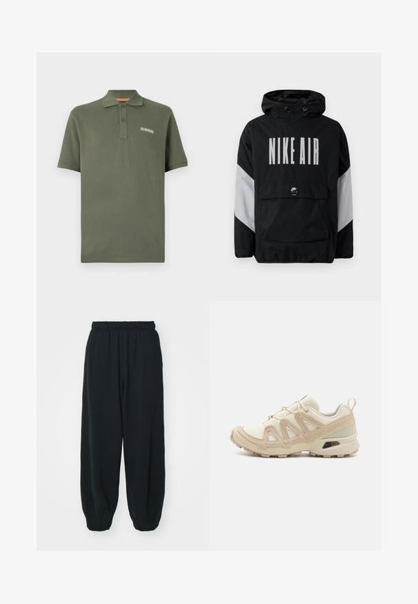 Czarna kurtka przeciwwiatrowa z kapturem, z dużym białym napisem "NIKE AIR". Szare akcenty na ramionach oraz kieszeń z przodu. Elegancki design.; Oliwkowa bawełniana koszulka polo z trzema guzikami, krótkimi rękawami i małym logo na piersi. Miękka tekstura, klasyczny krój.; Czarne dresy z elastycznym pasem, luźny krój, ściśnięte nogawki, gładka tekstura, bez widocznych wzorów lub ozdób.; Beżowe i kremowe buty sportowe z teksturowanej siateczki, wspierającymi nakładkami oraz gumową podeszwą z wzorem bieżnika zapewniającym przyczepność.
