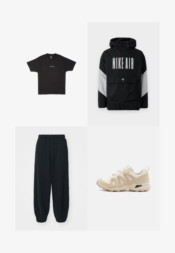 Černá větrovka s kapucí, na které je velký nápis "NIKE AIR" bílou barvou. Šedé akcenty na ramenech a přední kapsa. Elegantní design.; Černé bavlněné tričko s kulatým výstřihem a krátkými rukávy, s malým bílým logem "VOLCOM" vytištěným na přední části uprostřed.; Černé teplákové kalhoty s elastickým pasem, volným střihem, manžetami na kotnících, hladkým povrchem a bez viditelných vzorů či kovových detailů.; Béžová a krémová sportovní obuv s texturovaným síťovaným svrškem, podpůrnými překryvy a gumovou podrážkou s dezénem pro lepší přilnavost.