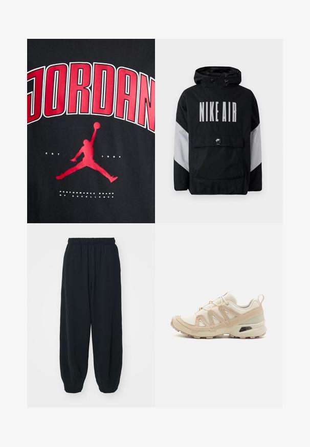 Juodas vėjaraščių striukė su kapišonu, ant kurio užrašyta "NIKE AIR" didelėmis baltomis raidėmis. Pilki akcentai ant pečių ir priekinė kišenė. Modernus dizainas.; Juodas marškinėlis su ryškiu raudonu užrašu "JORDAN", šokinėjančio figūros siluetu ir "EST. 1984" baltu tekstu po grafiniais elementais.; Juodi, su elastiniu juosmeniu sportiniai kelnės su laisvu siluetu, suapvalintais kulkšnimis, lygia tekstūra ir be matomų raštų ar metalinių akcentų.; Bežinės ir kreminės spalvos sportinės bateliai su tekstūruoto tinklelio viršutine dalimi, palaikančiomis detalėmis ir guminiais padais, turinčiais raštą, užtikrinantį sukibimą.