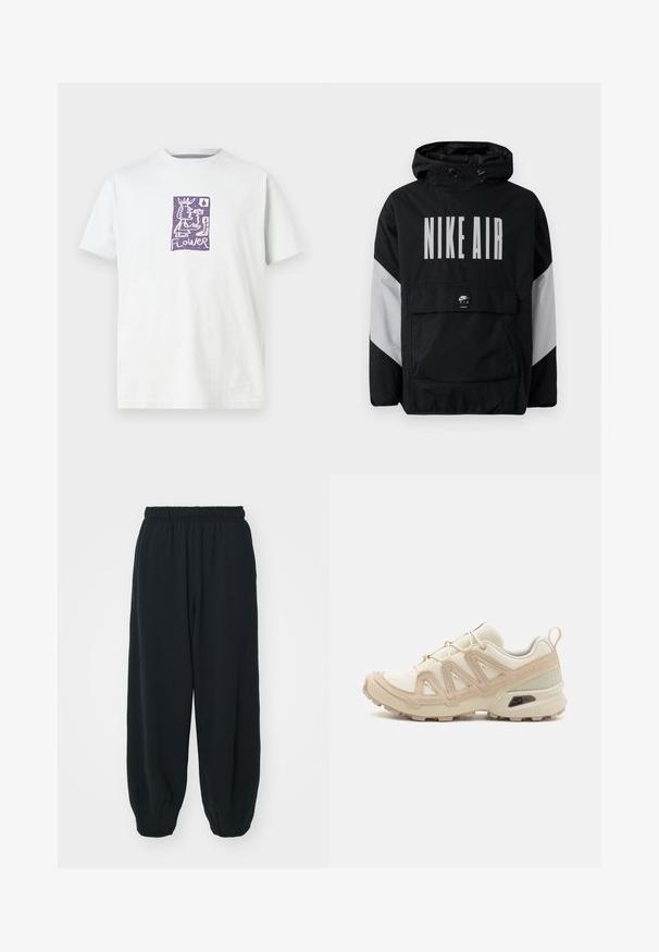 Cazadora negra con capucha, que presenta "NIKE AIR" en grandes letras blancas. Acentos grises en los hombros y un bolsillo frontal tipo pouch. Diseño elegante.; Camiseta de algodón blanca con una ilustración gráfica morada que presenta una figura, una flor y la palabra "FLORES" en el centro. Mangas cortas.; Pantalones de chándal negros con cintura elástica, de corte holgado, con puños en los tobillos, textura suave y sin patrones visibles ni acentos metálicos.; Zapatilla deportiva beige y crema con parte superior de malla texturizada, superposiciones de soporte y suela de goma con un patrón de tracción.