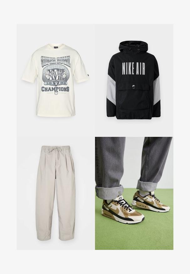 Casaco impermeável preto com capuz, apresentando "NIKE AIR" em grandes letras brancas. Detalhes cinzentos nos ombros e um bolso frontal tipo pouch. Design elegante.; T-shirt de manga curta em cor creme com um gráfico vintage em cinza do Super Bowl, texto "Raiders" e "Champions", com um corte descontraído.; Calças leves, bege, com cintura elástica e cordão. Apresenta pregas e um corte largo, confeccionadas em tecido suave e liso.; Sapatilhas Nike Air Max 90 em bege e preto, com materiais em malha e couro, almofada visível e atacadores pretos.