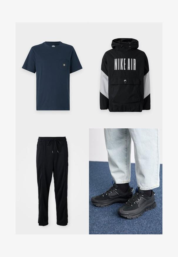 Černá větrovka s kapucí, na které je velký nápis "NIKE AIR" bílou barvou. Šedé akcenty na ramenech a přední kapsa. Elegantní design.; Námořnická modrá bavlněná tričko s krátkým rukávem, kulatým výstřihem a kapsou na hrudi s čtvercovou nášivkou loga. Hladká textura, neformální design.; Černé casual kalhoty se stahovací šňůrkou v pase, bočními kapsami a rovnými nohavicemi na jednobarevném pozadí.; Černé sportovní boty s texturovanou tkaninou a gumovou podrážkou, s elastickými tkaničkami a modrým akcentem na patě. Nosí se s světlými džíny.