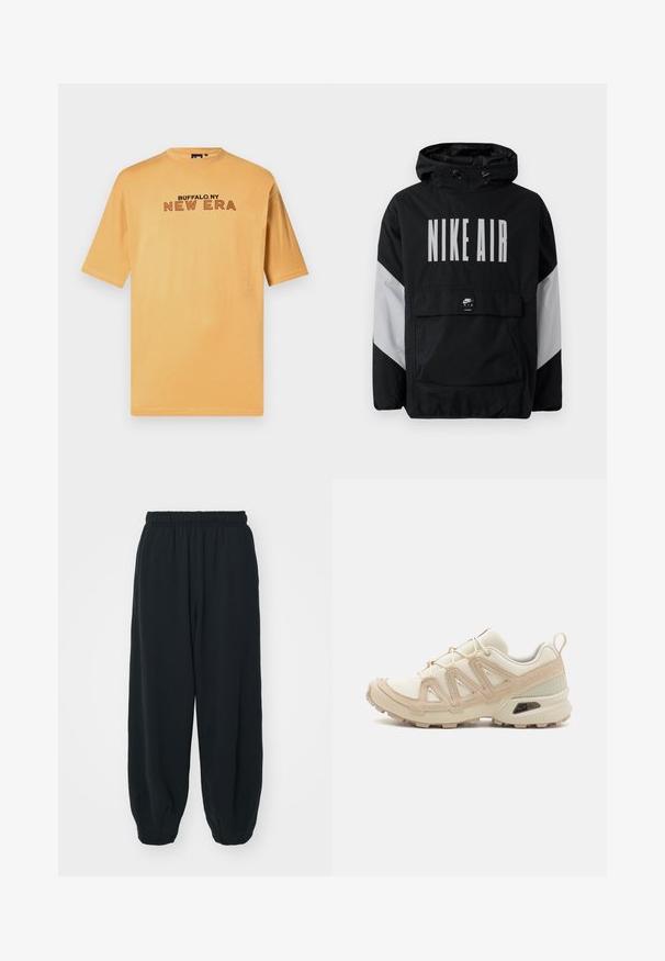 Svart vindjakke med hette, med "NIKE AIR" i store hvite bokstaver. Grå detaljer på skuldrene og en lomme foran. Strømlinjeformet design.; Kortermet t-skjorte i lys orange bomull med svart og rød "BUFFALO.NY NEW ERA" tekst over brystet. Klassisk rund hals-design.; Sorte, joggebukser med elastisk liv, løs passform, mansjetter på ankler, glatt tekstur og uten synlige mønstre eller hardware-detaljer.; Beige og krem joggesko med teksturert mesh-overdel, støttende overlegg og gummisåle med et mønster for godt grep.