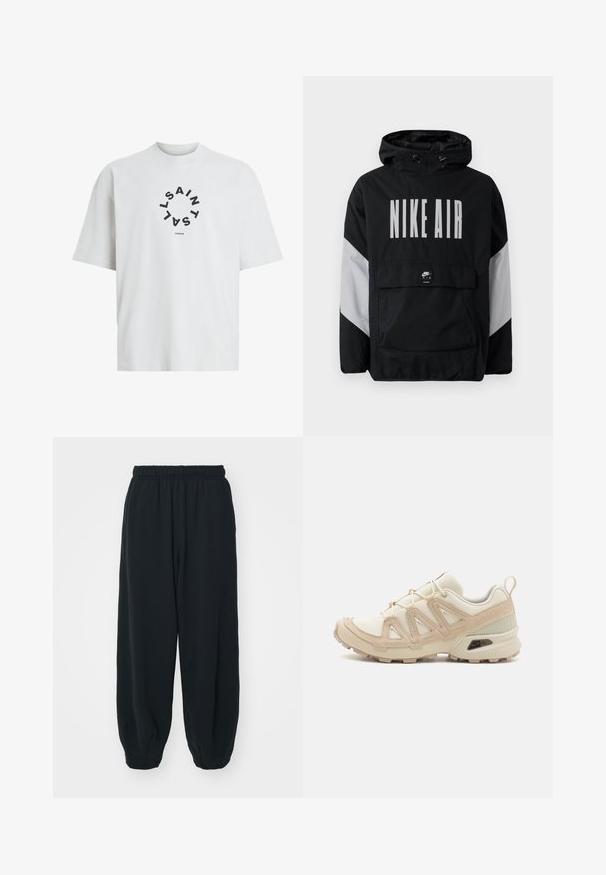 Musta tuulitakki, jossa on huppu ja suuri valkoinen "NIKE AIR" -teksti. Harmaat yksityiskohdat olkapäissä ja etutaskussa. Tyylikäs muotoilu.; Valkoinen puuvillateepaita, jossa on pyöreä musta graafinen printti, jossa lukee "SAINT LAURENT LONDON" ympyrämuodossa. Lyhyet hihat.; Mustat, elastisella vyötäröllä varustetut collegehousut, joissa on löysä istuvuus, cuffattu lahje, sileä pinta ja ilman näkyviä kuvioita tai varusteita.; Beige ja kreemi värvi sportlikud jalanõud, millel on tekstiilne mesh ülemine osa, toetavad ülekatted ja kummist tald, millel on mustripattern haardeks.