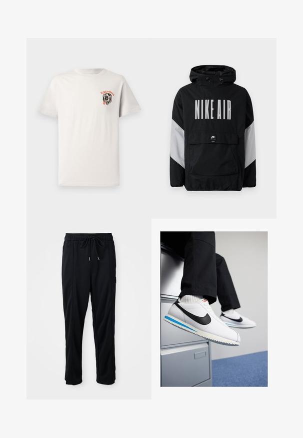Černá větrovka s kapucí, na které je velký nápis "NIKE AIR" bílou barvou. Šedé akcenty na ramenech a přední kapsa. Elegantní design.; Světlý béžový bavlněný tričko s kulatým výstřihem, krátkými rukávy a grafickým motivem černého psa s nápisem "RIDE the RAILS" v oranžovém písmu.; Černé casual kalhoty se stahovací šňůrkou v pase, bočními kapsami a rovnými nohavicemi na jednobarevném pozadí.; Bílé kožené tenisky s černým logem Nike, světle modrou a šedou gumovou podrážkou a klasickým šněrovacím designem. Nohy odpočívají na skříni.