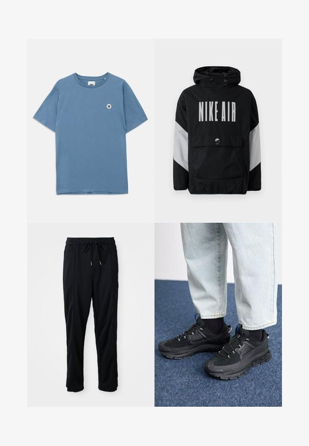 Juodas vėjaraščių striukė su kapišonu, ant kurio užrašyta "NIKE AIR" didelėmis baltomis raidėmis. Pilki akcentai ant pečių ir priekinė kišenė. Modernus dizainas.; Mėlynas medvilnės marškinėliai su apvaliu kaklu, trumpomis rankovėmis ir mažu apvaliu logotipu, kuriame yra "W", kairėje krūtinės pusėje.; Juodos laisvos kelnės su raišteliu liemens, šoninėmis kišenėmis ir tiesiu kirpimu ant vienodos fono.; Juodi sportiniai bateliai su tekstūruota medžiaga ir guminiais padais, su elastingomis raišteliais ir mėlynu akcentu ant kulno. Dėvimi su šviesiai mėlynomis džinsinėmis kelnėmis.
