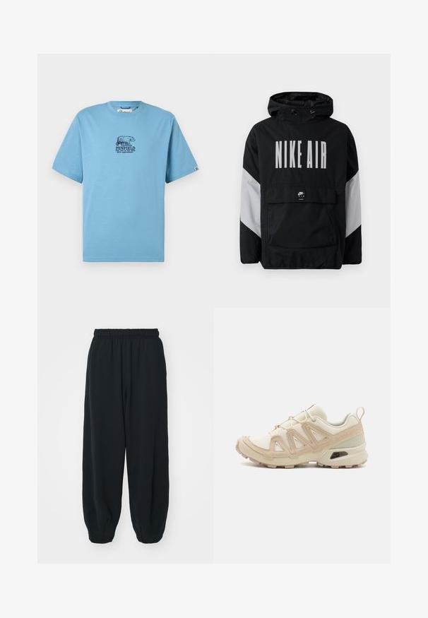 Svart vindjakke med hette, med "NIKE AIR" i store hvite bokstaver. Grå detaljer på skuldrene og en lomme foran. Strømlinjeformet design.; Lyseblå kortermet T-skjorte med rund hals, med en mørkeblå bjørnegrafikk og teksten "Penfield 69th Anniversary" sentralt på forsiden.; Sorte, joggebukser med elastisk liv, løs passform, mansjetter på ankler, glatt tekstur og uten synlige mønstre eller hardware-detaljer.; Beige og krem joggesko med teksturert mesh-overdel, støttende overlegg og gummisåle med et mønster for godt grep.