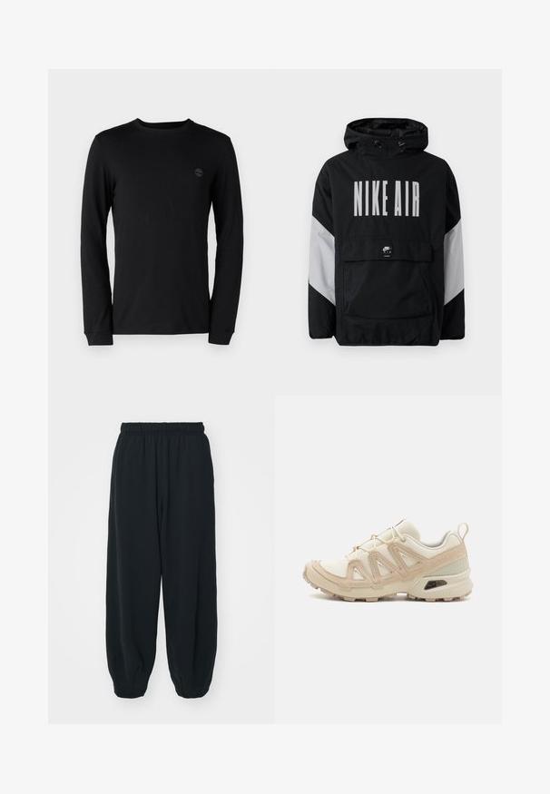 Melnā vēja necaurlaidīgā jaka ar kapuci, uz kuras ir liels balts uzraksts "NIKE AIR". Pelēki akcenti uz pleciem un priekšējā kabata. Moderns dizains.; Melna garām piedurknēm t-krekls, izgatavots no maiga kokvilnas, ar apaļu kakla izgriezumu un diskrētu logotipu uz krūtīm. Ar standarta aprocēm.; Melnas sporta bikses ar elastīgu jostasvietu, brīvu piegriezumu, aprocēm ap potītēm, gludu tekstūru, un bez redzamām rakstu vai aparatūras akcentiem.; Beige un krēma sporta apavi ar strukturētu tīkla virsmu, atbalstošajiem slāņiem un gumijas zoli ar protektoru rakstu, kas nodrošina saķeri.