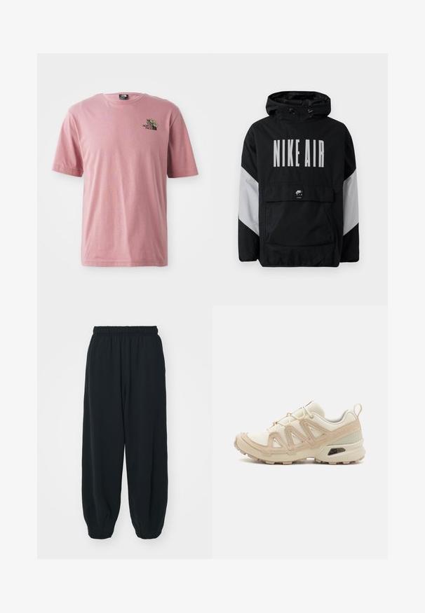 Must värvusega tuulejope kapuutsiga, millel on suurtes valgetes tähtedes "NIKE AIR". Hallid aktsendid õlgadel ja eesmine taskupõhi. Suletud disain.; Roosa puuvillane T-särk, millel on ümmargune kaelusega, lühikesed varrukad ja väike graafiline kujundus brändi logoga rinnal.; Mustade elastse vöökoha ja laia lõikega dressipüksid, mansetiga sääred, sile tekstuur ning ilma nähtavate mustrite või detailideta.; Beež ja koobalti spordijalats tekstureeritud võrkkattega, toetavad ülemised kihid ja kummist tallaga, millel on mustriga joonistus haardeks.