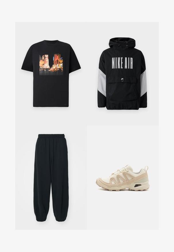 Juodas vėjaraščių striukė su kapišonu, ant kurio užrašyta "NIKE AIR" didelėmis baltomis raidėmis. Pilki akcentai ant pečių ir priekinė kišenė. Modernus dizainas.; Juodas marškinėliai su ryškiu Times Square atvaizdu, apipavidalintu spalvingomis reklamos lentomis, įskaitant „Michael Jordan“ ir „Nike“. Trumpomis rankovėmis, apvaliu kaklu.; Juodi, su elastiniu juosmeniu sportiniai kelnės su laisvu siluetu, suapvalintais kulkšnimis, lygia tekstūra ir be matomų raštų ar metalinių akcentų.; Bežinės ir kreminės spalvos sportinės bateliai su tekstūruoto tinklelio viršutine dalimi, palaikančiomis detalėmis ir guminiais padais, turinčiais raštą, užtikrinantį sukibimą.