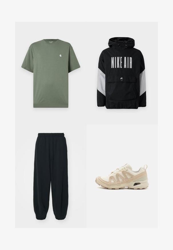 Fekete szélálló dzseki kapucnival, nagyméretű fehér "NIKE AIR" felirattal. Szürke díszítéssel a vállakon és egy elülső zsebbel. Elegáns kialakítás.; Zöld pamut póló kerek nyakkal, rövidujjakkal és egy kis fehér logóval a mellen. Simalezért és laza szabású.; Fekete, rugalmas derékpántos melegítőnadrág, laza fit, véget érő szárakkal, sima textúrával, látható minták vagy hardver díszek nélkül.; Beige és krém színű sportcipő, texturált hálós felsőrésszel, támogató burkolattal és gumitalppal, amely tapadás érdekében bordázott mintázattal rendelkezik.