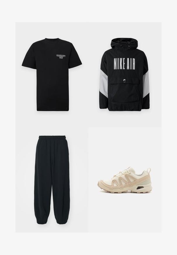 Black windbreaker jacket with a hood, featuring "NIKE AIR" in large white text. Grey accents on shoulders and a front pouch pocket. Sleek design.; Black cotton t-shirt with short sleeves and a crew neck, featuring a white printed logo on the left chest. Smooth texture, standard fit.; Black, elasticated-waist sweatpants with a loose fit, cuffed ankles, smooth texture, and no visible patterns or hardware accents.; Beige and cream athletic shoe with textured mesh upper, supportive overlays, and rubber outsole featuring a tread pattern for traction.