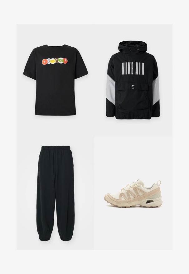 Svart vindjakke med hette, med "NIKE AIR" i store hvite bokstaver. Grå detaljer på skuldrene og en lomme foran. Strømlinjeformet design.; Svart t-skjorte med rund hals, med et flerfarget grafikk av biljardkuler og ordet "VOLCOM" over brystet.; Sorte, joggebukser med elastisk liv, løs passform, mansjetter på ankler, glatt tekstur og uten synlige mønstre eller hardware-detaljer.; Beige og krem joggesko med teksturert mesh-overdel, støttende overlegg og gummisåle med et mønster for godt grep.