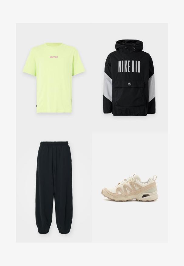 Juodas vėjaraščių striukė su kapišonu, ant kurio užrašyta "NIKE AIR" didelėmis baltomis raidėmis. Pilki akcentai ant pečių ir priekinė kišenė. Modernus dizainas.; Žalia medvilninė marškinė su trumpomis rankovėmis. Priekyje yra mažas rožinis "element" logotipas. Tiesioginis kirpimas su šonine etikete.; Juodi, su elastiniu juosmeniu sportiniai kelnės su laisvu siluetu, suapvalintais kulkšnimis, lygia tekstūra ir be matomų raštų ar metalinių akcentų.; Bežinės ir kreminės spalvos sportinės bateliai su tekstūruoto tinklelio viršutine dalimi, palaikančiomis detalėmis ir guminiais padais, turinčiais raštą, užtikrinantį sukibimą.