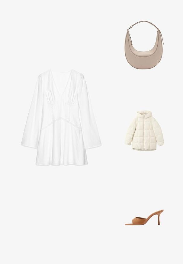 Witte gewatteerde pufferjas met een capuchon, voorzien van een ritssluiting aan de voorkant en ruime mouwen. Glad oppervlak en gestikt vierkant patroon.; Witte blouse met lange mouwen en V-hals, ruches op de schouders, kantaccenten en een losse pasvorm, gemaakt van lichtgewicht stof.; Mango PEPYT - Muiltjes met hak - brown; Beige leren schoudertas met een halve maanvorm, een soepele textuur en een enkele gebogen handgreep. Voorzien van een ritssluiting en nette stiksels.