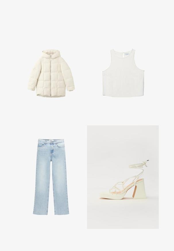 Bela prešita pufasta jakna s kapuco, z zadrgo na sprednji strani in prostornimi rokavi. Gladka tekstura in šivana kvadratna oblika.; Bela brezrokavna majica z okroglim dekoltejem, ki se ponaša z diskretno teksturo, detajlom ključavnice na hrbtu in ravnim robom.; Svetlo modri široki džins hlače iz denima z visokim pasom, petimi žepi in gumbom za zapiranje. Imajo minimalne šive.; Bela sandala na visokih petah s debelim petam, ki ima obliko trakcev in vezanje okoli gležnja. Gladka tekstura z platformo spredaj za dodatno višino.