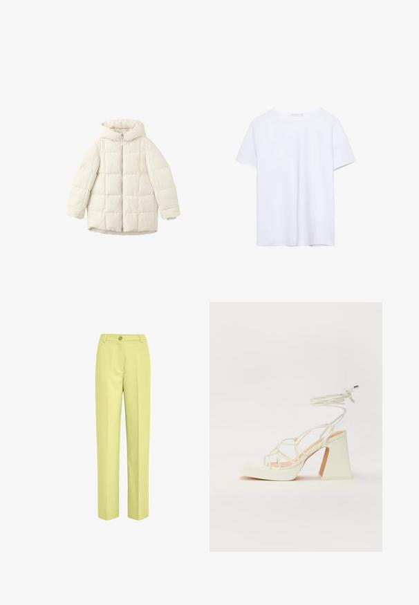 Vit quiltad puffjacka med huva, med en framdragkedja och rymliga ärmar. Slät yta och sydd fyrkantig mönster.; Rakt skuren vit t-shirt med kort ärm och rund Halsringning, visad på en vit bakgrund.; Ljust gula vida byxor i mjuk tyg, med en enkel knappstängning och en platt frontdesign.; Vit högklackad sandal med en kraftig klack, med ett remdesign och ankelband. Slät textur med en plattform framtill för ökad höjd.