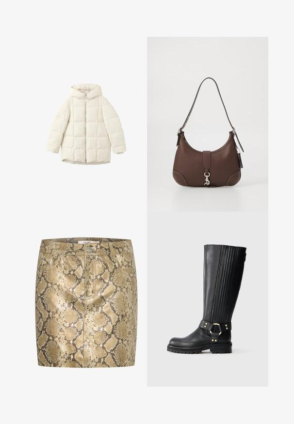 Bijela pufasta jakna od quilted materijala s kapuljačom, s prednjim patentnim zatvaračem i prostranim rukavima. Glatka tekstura i prošiveni kvadratni uzorak.; Crna majica kratkih rukava s dizajnom lanaca i lišća koji čini dijamantni oblik oko utisnutog naziva branda "AllSaints" sprijeda.; Mini suknja s uzorkom zmije i metalnim sjajem u nijansama zlatne i bež. Ima kopčanje na dugme i prednje džepove. Teksturirana površina.; Crne čizme od kože do koljena s elastičnim rebrastim dijelovima, izdržljivom potplatom i dekorativnom trakom s zlatnim metalnim prstenom i zakovicama.; Smeđa kožna torba s ovalnim oblikom, srebrnim metalnim dijelovima i dekorativnim šavovima. Ima naramenicu i kopču za zatvaranje.