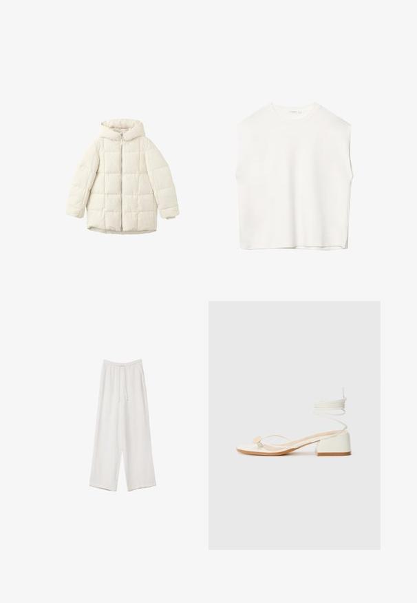 Doudoune matelassée blanche avec capuche, dotée d'une fermeture éclair à l'avant et de manches spacieuses. Texture lisse et motif à carrés cousus.; Top sans manches blanc avec une coupe décontractée, un col rond, une texture lisse et un ourlet droit. Design simple sans motifs ni accessoires.; Pantalons larges blancs en tissu léger. Dotés d'une taille élastique avec cordon de serrage et de poches latérales. Texture lisse.; Sandales à talons blancs avec un talon carré, des fines lanières et un accent rond. Dotées d'une semelle texturée et d'un détail de lacet enroulé à la cheville.