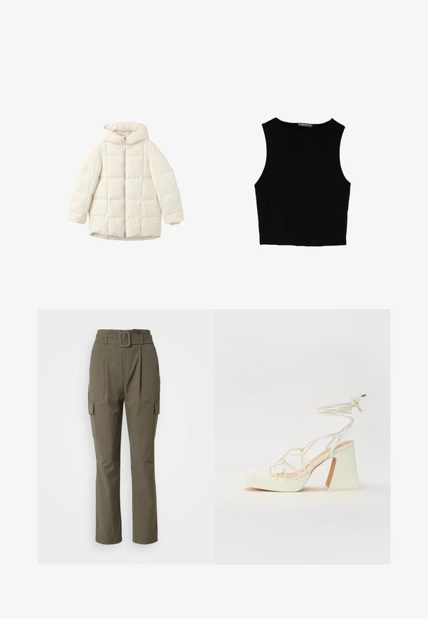 Giubbotto trapuntato bianco con cappuccio, dotato di zip frontale e maniche ampie. Tessuto liscio e motivo quadrato cucito.; Top corto senza maniche nero realizzato in tessuto liscio, con scollatura rotonda e un design pulito e semplice, privo di pattern o accessori.; Pantaloni cargo verde oliva con vita regolabile, gambe diritto, due tasche laterali e una texture di tessuto liscia.; Sandalo bianco con tacco alto, caratterizzato da un design a cinturini e un legaccio alla caviglia. Texture liscia con una piattaforma frontale per un'altezza aggiuntiva.