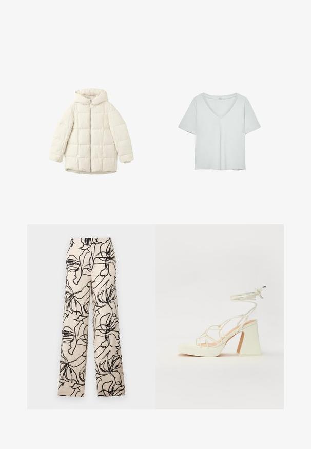 Weiß gesteppte Pufferjacke mit Kapuze, ausgestattet mit einem Reißverschluss auf der Vorderseite und weit geschnittenen Ärmeln. Glatte Textur und gestepptes Quadratmuster.; Hellgraues T-Shirt mit kurzen Ärmeln und V-Ausschnitt, aus weichem Material gefertigt; verfügt über eine lockere Passform und saubere Nähte ohne Muster.; Weit geschnittene Hosen aus leichtem Stoff mit einem cremefarbenen Hintergrund und einem abstrakten schwarzen Blumenmuster.; Weiße High-Heel-Sandale mit einem klobigen Absatz, die über ein Riemchendesign und ein Knöchelband verfügt. Glatte Textur mit einer Plattform vorne für zusätzliche Höhe.