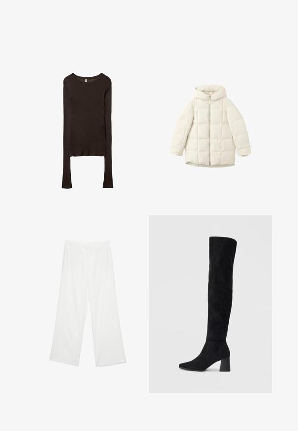 Giubbotto trapuntato bianco con cappuccio, dotato di zip frontale e maniche ampie. Tessuto liscio e motivo quadrato cucito.; Maglietta aderente a maniche lunghe realizzata in tessuto marrone scuro. Collo rotondo, superficie liscia e maniche leggermente allungate senza polsini.; Pantaloni a gamba larga in tessuto bianco, con una texture liscia, tasche anteriori e una vita classica con passanti per la cintura.; Stivale in suede nero alto fino al ginocchio con tacco a blocco, punta affusolata e design liscio e senza cuciture su uno sfondo chiaro e semplice.