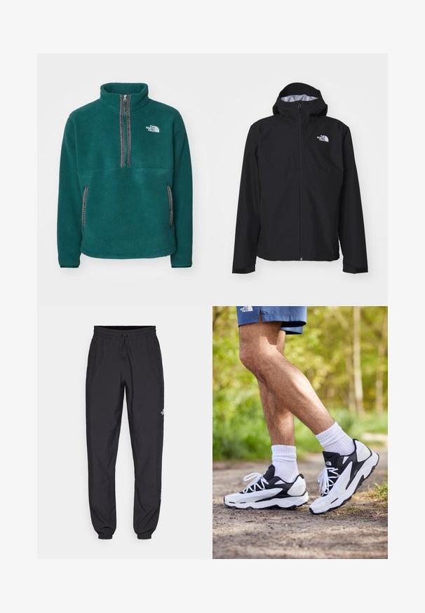 Fekete, vízálló dzseki, kapucnival, teljes hosszúságú elülső cipzárral és elasztikus mandzsettákkal. A bal felső mellkason logó található.; Tökéletes kék polár pulóver magas nyakkal, félig cipzárral, két oldalsó zsebbel és kontrasztos fekete varrással. A bal mellkason logó található.; Fekete sportnadrág, könnyű anyagból készült, húzózsinóros derékkal, oldalsó zsebekkel és szűkített szárakkal a bokáknál.; Fekete-fehér sportcipők, hálós felső résszel, texturált részletekkel és fehér fűzőkkel. Fehér bokazoknival és tengerészkék sorttal viselve egy ösvényen.