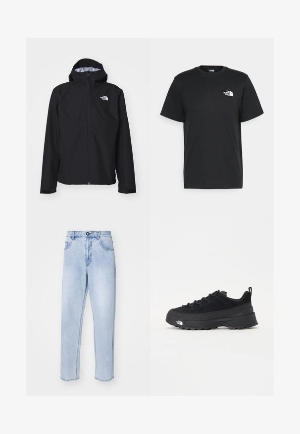 Melnas ūdensizturīgas jakas ar kapuci, pilna garuma priekšējais rāvējslēdzējs un elastīgas aproces. Uz augšējās kreisās krūts zonas ir redzams logo.; Melna kokvilnas T-krekls ar īsām piedurknēm, apaļu kakla izgriezumu un mazu balto logotipu kreisajā krūtīs. Vienkāršs dizains, gluda tekstūra un brīvs piegriezums.; Gai zili denimi džinsi ar taisnu griezumu, kas aprīkoti ar pogu aizdari, sānu kabatām un tīru apakšmalu bez dekorācijām.; Melni āra sporta apavi ar zamšādas virsu, teksturētu gumijas zoli un izturīgu auklu sistēmu. Iezīmēts ar pastiprinātu papēdi un zīmola logo sānu daļā.