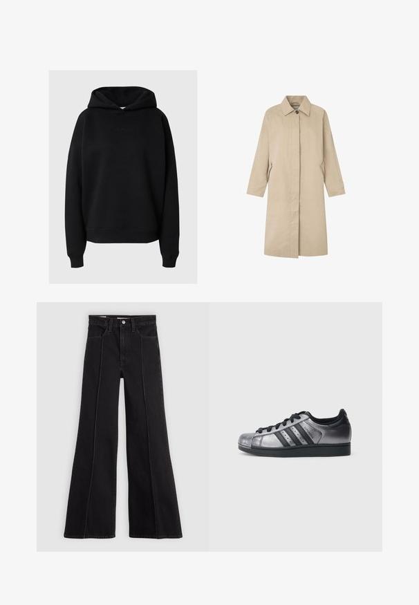 Jasno beżowy płaszcz o prostym kroju, minimalistycznym designie, spiczastym kołnierzu, długich rękawach i kieszeniach bocznych. Wykonany z gładkiego materiału.; Czarna bluza z kapturem z miękkiego materiału, w luźnym fasonie, z prążkowanymi mankietami i subtelnym detalem logo z przodu.; Czarne, wysokie dżinsy o szerokich nogawkach z detalami w postaci szwów z przodu, zapięciem na guzik, szlufkami na pasek i przednimi kieszeniami na jasnym tle.; Czarne i metaliczno-srebrne buty sportowe z zaokrąglonym noskiem, trzema czarnymi paskami i teksturowaną cholewką. Czarne sznurówki i gumowa podeszwa.