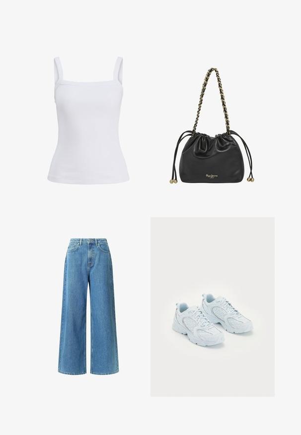 Vaaleanbeige takki, jossa on suora siluetti, minimaalinen muotoilu, terävä kaulus, pitkät hihat ja sivutaskut. Valmistettu sileästä kankaasta.; Valkoinen urheilupaita kapeilla olkaimilla ja tiukalla siluetilla, valmistettu pehmeästä puuvillasekoitekankaasta. Ei kuvioita tai yksityiskohtia.; Vaaleansinisistä denim-kangasta valmistetut leveälahkeiset farkut, joissa on korkea vyötärö, kaksi etutaskua, vyölenkkejä ja hienovarainen kuvio.; Vaaleansinisen väriset urheilujuoksukengät, joissa on verkkokankainen ja synteettinen päällinen, valkoisilla pilkuilla ja heijastavilla yksityiskohdilla. Kengissä on nauhakiinnitys ja pehmustetut pohjat.; Musta pehmeä nahkainen olkalaukku, jossa on kultaketjuolkaintai, nyörin ympäröimät sivut kultapallojen kanssa ja "Pepe Jeans London" -logo kultaisena.