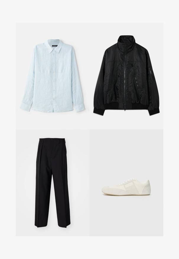 Crna bomber jakna s visokim ovratnikom, koja ima više džepova sa zatvaračem i rastezljive manžete. Izrađena od glatkog, laganog materijala.; Svijetloplena košulja dugih rukava od lana, s gumbima sprijeda, šiljastim ovratnikom i standardnim manžetama. Mekana tekstura, minimalni dizajn.; Crne plisirane hlače s ravnim širokim nogavicama. Izrađene od glatkog materijala, s dugmadi za zatvaranje i petljama za remen.; Bijela atletska cipela s modernim dizajnom, koja se odlikuje nubuk vrhom, kožnim panelima i kontrastnim teksturiranim naglaskom. Ravni gumeni potplat.