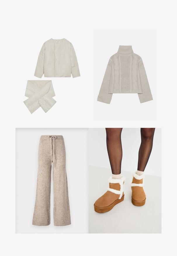 Párnázott bézs dzseki kerek nyakkal, hosszú ujjakkal, és egy kereszt alakú, hozzáillő sállal, sima, enyhén fényes anyagból készült.; Rövidített, világosszürke kötött pulóver magas gallérral és bordázott mandzsettákkal, hátul és az oldalakon texturált sodrott mintákkal.; Beige színű, bő szárú nadrág, textúrált kötött anyagból, húzózsinóros derékkal és laza szabással.; Barna velúr bokacsizmák fehér műszőrme díszítéssel és platform talppal, keresztpántos kialakítással. Simaszerkezet és kerek orr.