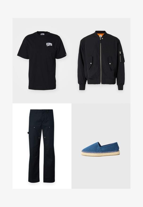 Jaqueta bomber preta com fecho éclair à frente, bolsos com aba de botão de pressão e punhos canelados. Apresenta um interior laranja e um bolso com fecho éclair na manga.; Camiseta de algodão preta com gola redonda e mangas curtas. Apresenta um logótipo impresso em branco na área do peito esquerdo. Design simples, ajuste padrão.; Calças cargo pretas feitas de um tecido durável, com corte reto, múltiplos bolsos e discretos detalhes em metal prateado.; Espadrilha de lona azul com bico fechado, sola de juta e borda cosida. Textura de tecido suave e design de perfil baixo.