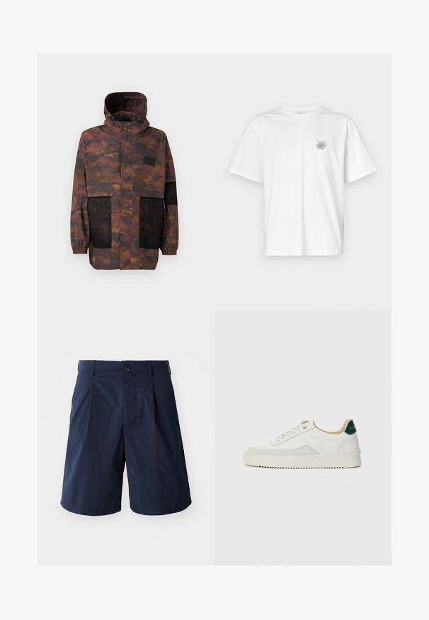 Bunda odolná proti vodě, v hnědé a černé kamuflážní vzoru. Obsahuje síťované kapsy a kapuci se šňůrkou. Lehká, s elastickými manžetami.; Bílá bavlněná trička s krátkým rukávem, kulatým výstřihem a malým šedým logem na levé části hrudi. Hladká textura.; Námořnické modré šortky vyrobené z lehkého materiálu, s knoflíkovým zapínáním, bočními kapsami a jednoduchým designem s nápadnými záhyby vpředu.; Bílé tenisky se semišovými prvky, kulatou špičkou, plochými tkaničkami a krémovou gumovou podrážkou. Na patě mají zelené logo.