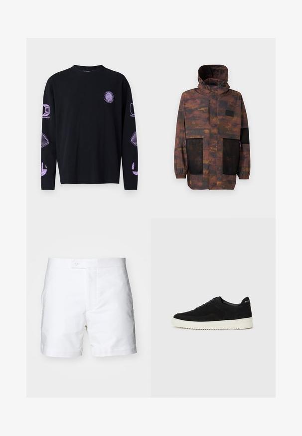 Water-resistant jacket in a brown and black camo pattern. Features mesh pockets and a drawstring hood. Lightweight with elastic cuffs.; Black long-sleeve t-shirt with purple graphic prints on chest and sleeves, made of fabric with a smooth texture. Crew neck design.; White cotton shorts with a straight cut, two side pockets, a button closure, and a clean, smooth texture. Hem finishes are neat and folded.; Black suede sneaker with lace-up design and contrasting white rubber sole. Features textured side panels and subtle branding on the heel.