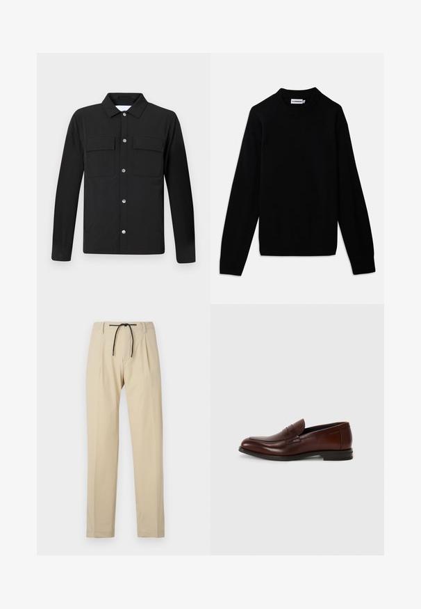 Melnā jaka ar apkakli, divām krūšu kabatām un sudraba spiedpogām. Izgatavota no gluda auduma ar taisnu griezumu un garām piedurknēm.; Melnas džemperis ar ribotu apaļu kakla izgriezumu, garām piedurknēm un teksturētu adījumu. Nav redzamu logo vai dekoratīvu elementu.; Bēša bikses ar taisnu piegriezumu, ar auklu jostu, krokām priekšpusē un gludu tekstūru. Vienkāršs, daudzpusīgs dizains.; Brūni ādas loaferi ar noapaļotu purngalu, priekšējo siksniņu un zemu krautu papēdi. Gluda tekstūra ar minimāliem dekoratīviem akcentiem.