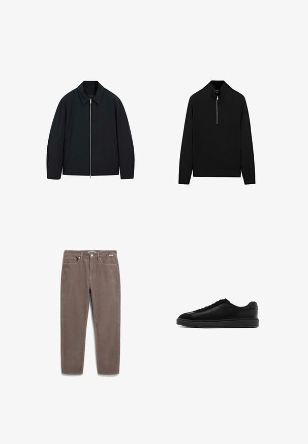 Zwarte jas met een kraag, rits aan de voorkant en zijzakken. Gemaakt van een glad materiaal met een licht ontspannen pasvorm.; Zwarte gebreide trui met een hoge kraag en een halve rits. Heeft lange mouwen en ribgebreide manchetten, gemaakt van een zachte stof.; Bruine corduroy broek met een rechte pijp, vijf-pocket styling en een knoopsluiting. Gestructureerde stof met verticale ribbels.; Zwarte leren sneakers met een gladde afwerking, ronde neus, vetersluiting aan de voorkant en een contrasterende, gestructureerde tong. Dikke zwarte rubberen zool.
