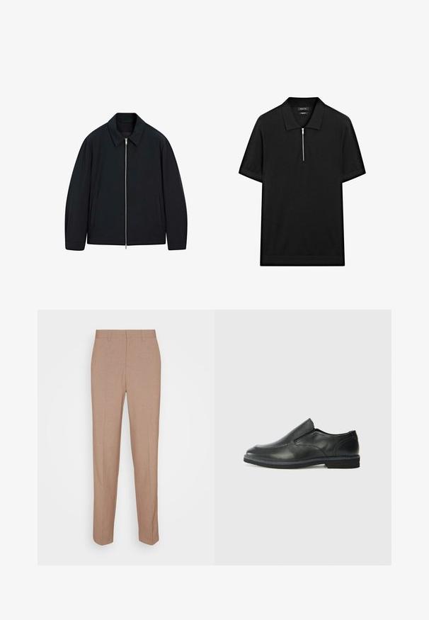 Černá bunda s límečkem, předním zipem a bočními kapsami. Vyrobena z hladkého materiálu s mírně volnějším střihem.; Černé polo tričko s krátkým rukávem, stojatým límečkem a předním zipem. Vyrobeno z hladké tkaniny s čistým, minimalistickým designem.; Béžové kalhoty na míru z hladké, texturované látky. Rovný střih s pasem a bez viditelných ozdob nebo kapes.; Černá kožená nazouvací bota s hladkým svrškem, prošívanými detaily, zaoblenou špičkou a nízkým gumovým podpatkem. Podešev má minimální vzorek.